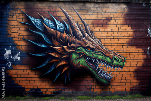 Colorful graffiti of a dragon head on a brick wall, Generative AI