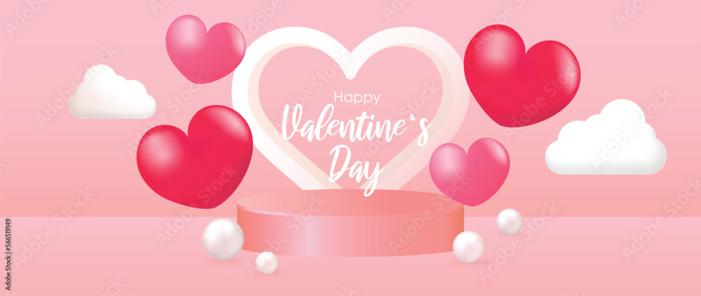 Happy Valentine's Day concept vector. Abstract 3d composition decorate with geometric podium and origami paper pink hearts background. Design for banner, mock up, product presentation, ads, marketing.