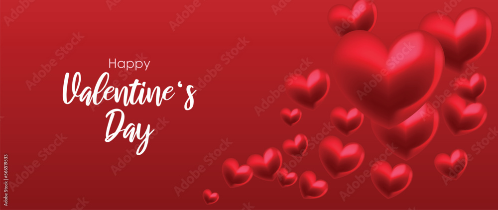 Happy Valentine's Day concept vector. Abstract 3d composition decorate with neon light on podium and glossy red hearts background. Design for banner, mock up, product presentation, ads, marketing.