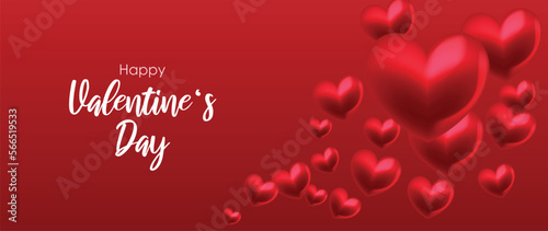 Happy Valentine s Day concept vector. Abstract 3d composition decorate with neon light on podium and glossy red hearts background. Design for banner  mock up  product presentation  ads  marketing.