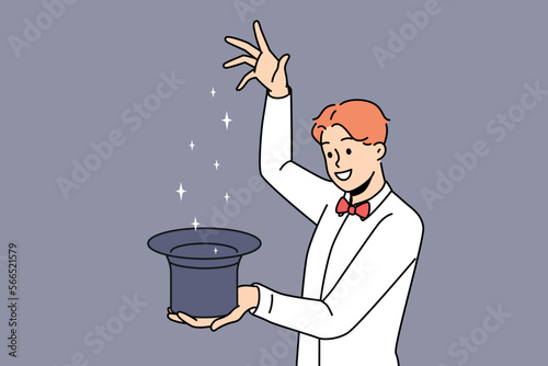 Smiling young man with hat showing trick for audience. Happy male magician or illusionist entertain people with focuses. Vector illustration. 