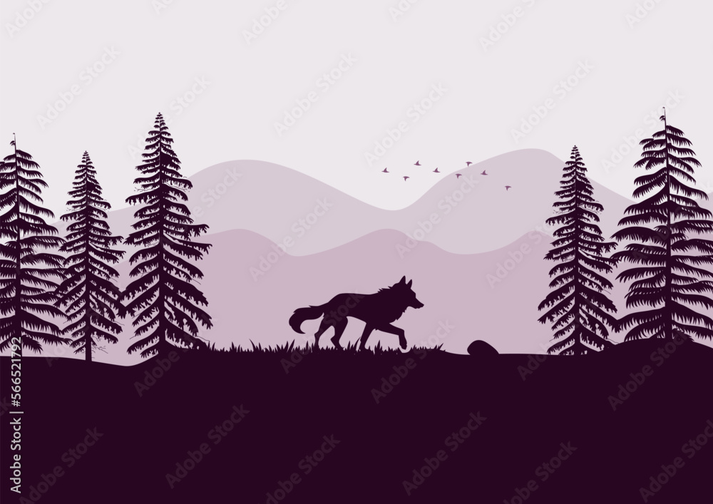 Silhouette of a wolf in the forest. Vector illustration. Silhouette of a wolf in the forest. Vector illustration.