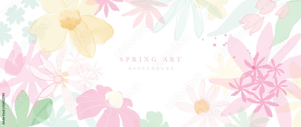 Abstract spring floral art background vector illustration. Watercolor hand painted botanical flower, leaves and nature background. Design for wallpaper, poster, banner, card, print, web and packaging.