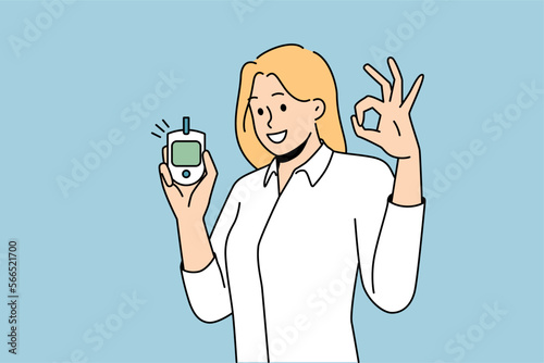 Smiling young woman holding sugar blood test monitor showing all right hand gesture. Happy healthy female satisfied with glucose level. Healthcare concept. Vector illustration. 