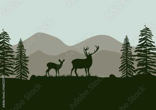 Silhouette of deer in the forest. Vector illustration in flat style