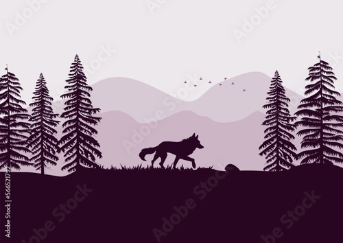 Silhouette of a wolf in the forest. Vector illustration.