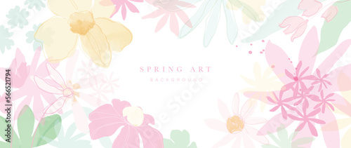 Abstract spring floral art background vector illustration. Watercolor hand painted botanical flower, leaves and nature background. Design for wallpaper, poster, banner, card, print, web and packaging.