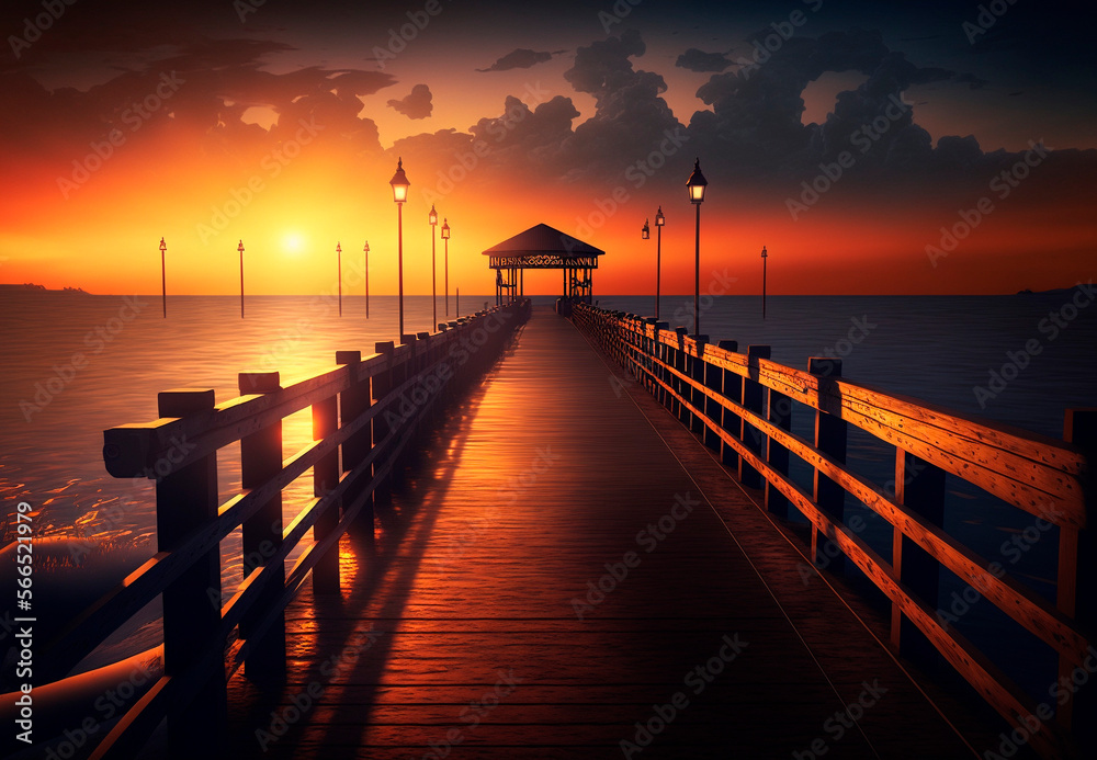 Fototapeta premium Beautiful sunset at the pier generative AI