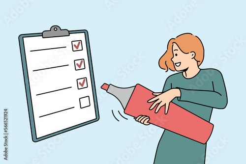 Smiling young woman with huge marker put mark on list in notebook. Happy girl with pen check boxes on paperwork in notepad. Checklist. Vector illustration. 