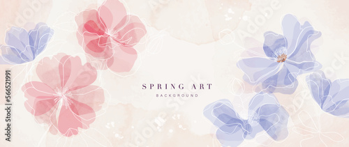 Abstract spring floral art background vector illustration. Watercolor hand painted botanical flower and line art background. Design for wallpaper, poster, banner, card, print, web and packaging.