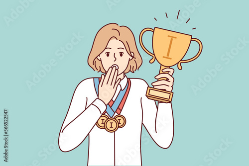Puzzled woman with cup and medals of winner of sports olympiad covers mouth with hand. Discouraged girl surprised by annulment of competition results due to doping scandal. Flat vector illustration 