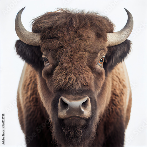 Adult bison portrait isolated on a white background. Generative AI. 