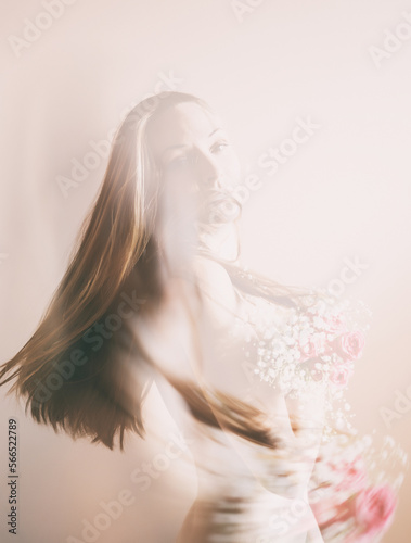 Wallpaper Mural Young woman with bouquet of flowers. Double exposure effect. Torontodigital.ca