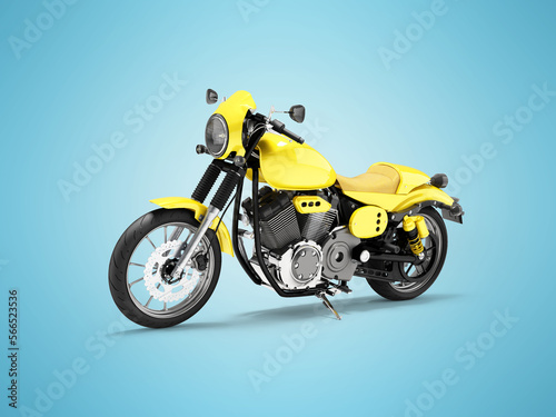 3d illustration of yellow sports motorcycle for tourist trip on blue background with shadow