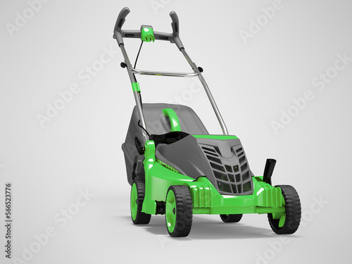 3d illustration of green professional electric lawnmower with grass catcher isolated on gray background with shadow