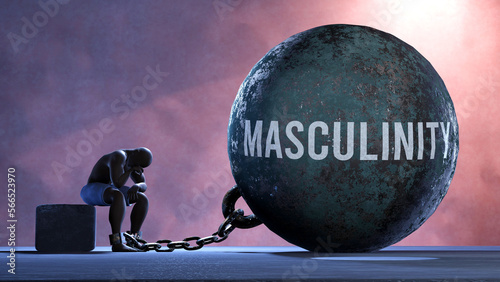 Masculinity - a gigantic and unmovable weight chained to a vulnerable and suffering person in pain, misery and helplessness. Cold and tragic condition created by Masculinity ,3d illustration