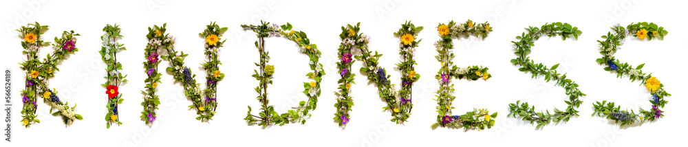 Naklejka premium Blooming Flower Letters Building English Word Kindness