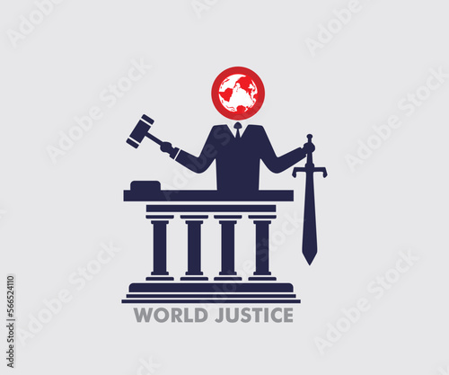 WORLD JUSTICE IS FAKE LOGO, silhouette of man wear black tuxedo bring hummer and blade