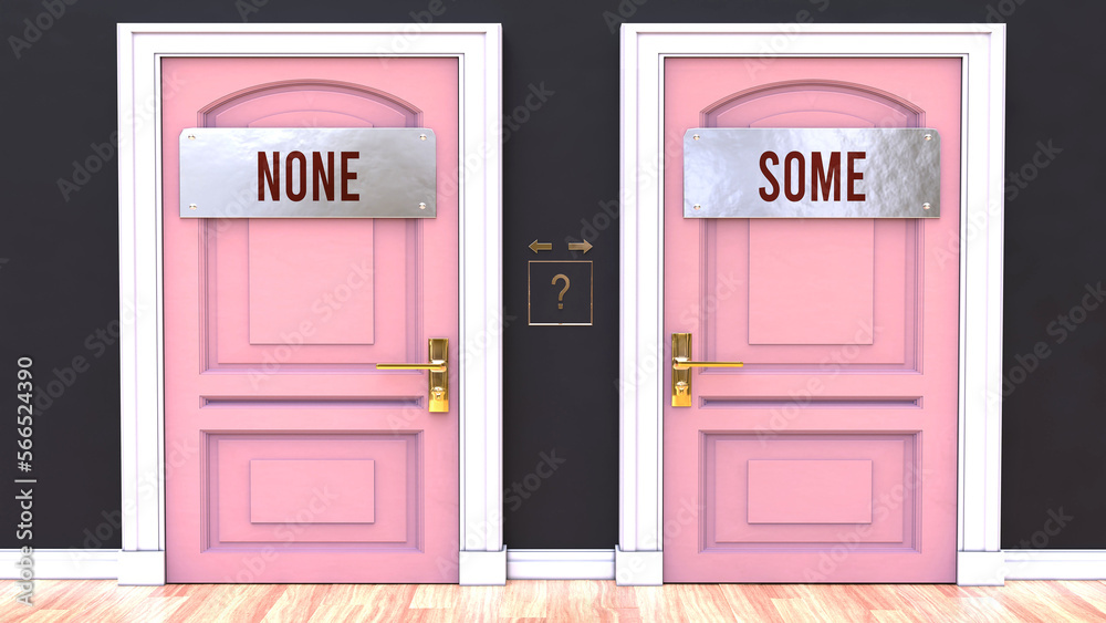 Making a choice and deciding in favor of either None or Some. Two different paths to go through and two outcomes. Facing a question that requires a serious decision to be made.,3d illustration