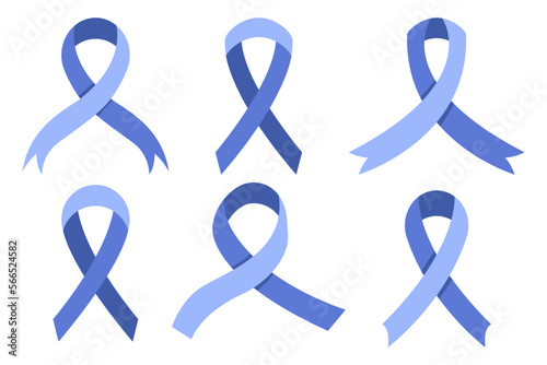 Awareness ribbon collection. Set of blue cancer ribbons. Isolated on white background fully editable