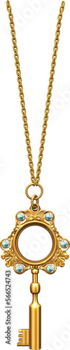 3D illustration of an antique skeleton key. The key has a unique shape, decorated with intricate details, and it hangs from a delicate gold chain necklace with looped links