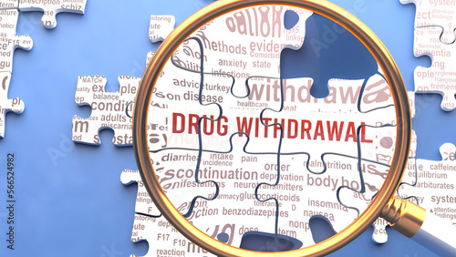 Drug withdrawal being closely examined along with multiple vital concepts and ideas directly related to Drug withdrawal. Many parts of a puzzle forming one, connected whole.,3d illustration photo