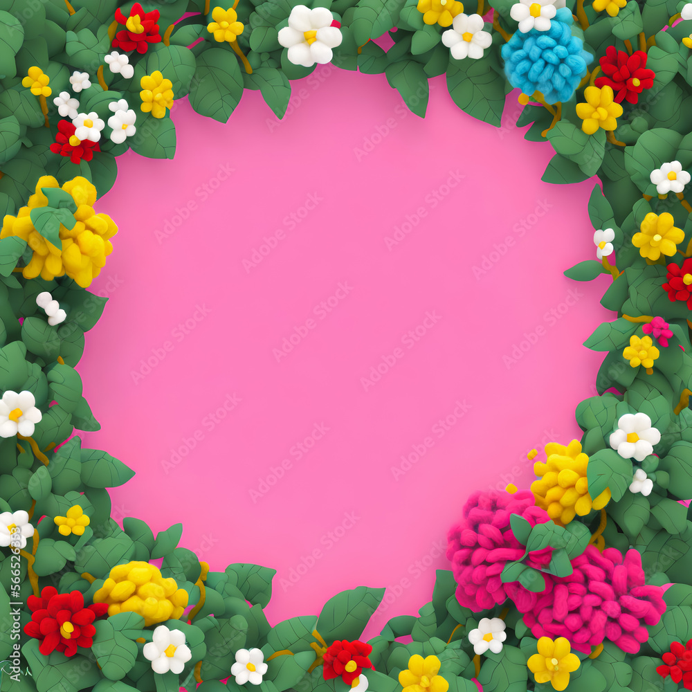 Tropical floral square frame with empty copy space for text. summer flowers and leaf decoration isolated on pink background. Simple and colorful card template. Generative AI. Tropical floral square frame with empty copy space for text. summer flowers and leaf decoration isolated on pink background. Simple and colorful card template. Generative AI.
