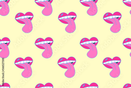 Seamless pattern in the style of the 90s with viva magenta lips and protruding tongue. Endless backdrop back to the nineties. Wallpaper and bed linen print with rock'n'roll symbol. 