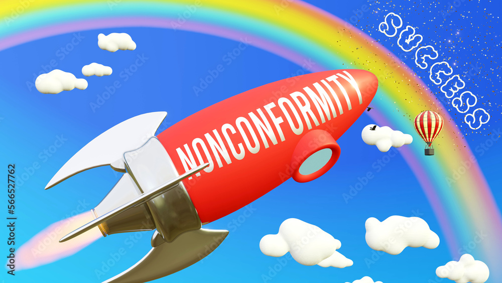 Naklejka premium Sky is the limit - sparkling success in the high sky reached by Nonconformity rocket, puffy white clouds high in the blue sky. Nonconformity is a way to fly high and join the stars,3d illustration