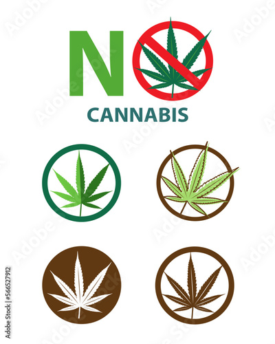 Cannabis leaf in warning sign and logo design set vector isolated on white background.