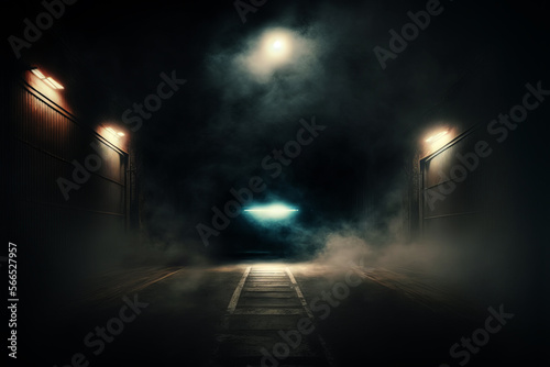 Science fiction interior scene- sci-fi corridor render scene with neon lights and smoke created with Generative AI technology	