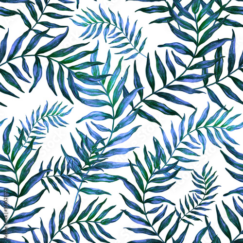 Watercolor seamless pattern with palm leaves. Beautiful allover tropical print with hand drawn exotic plants. Swimwear botanical design. 