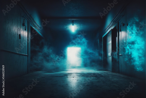 Science fiction interior scene- sci-fi corridor render scene with neon lights and smoke created with Generative AI technology 