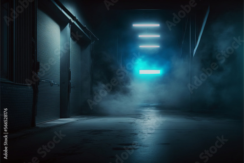 Science fiction interior scene- sci-fi corridor render scene with neon lights and smoke created with Generative AI technology 