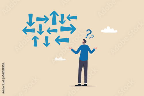 Confusion, frustration or decision making, mess, dilemma or complicated problem, lack of understanding, uncertain concept, confused frustrated businessman look at direction arrows with question marks. photo
