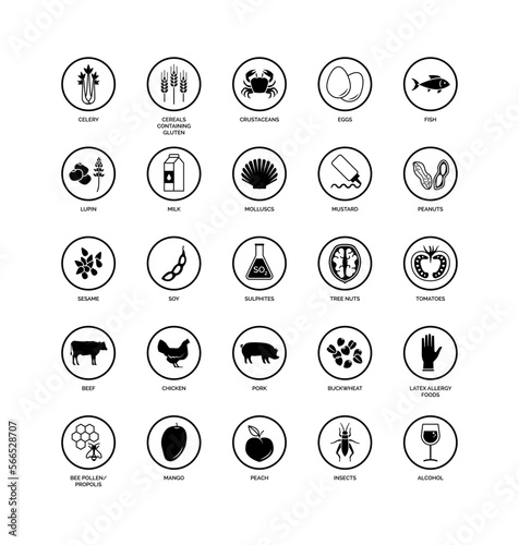 Food allergens and ingredients icons set