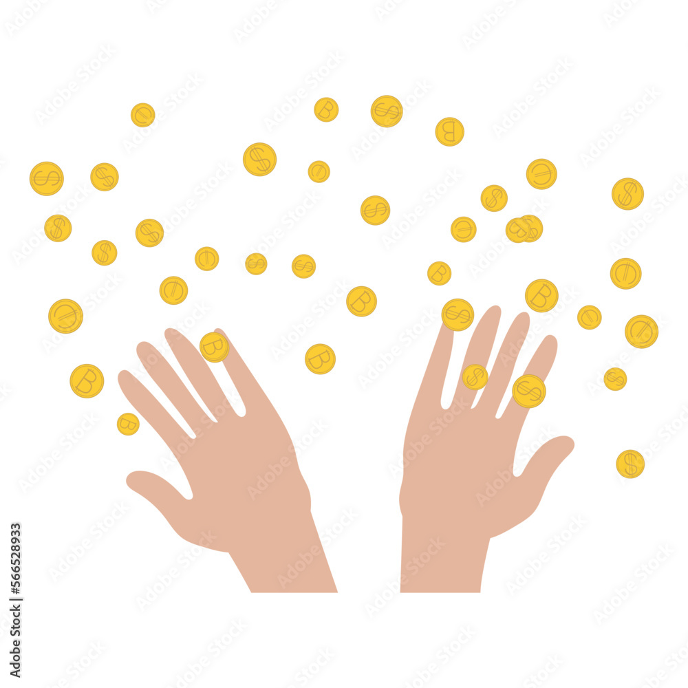 Hands tossing a handful of coins. Dollar, euro, bitcoin coins. financial abundance Hands tossing a handful of coins. Dollar, euro, bitcoin coins. financial abundance
