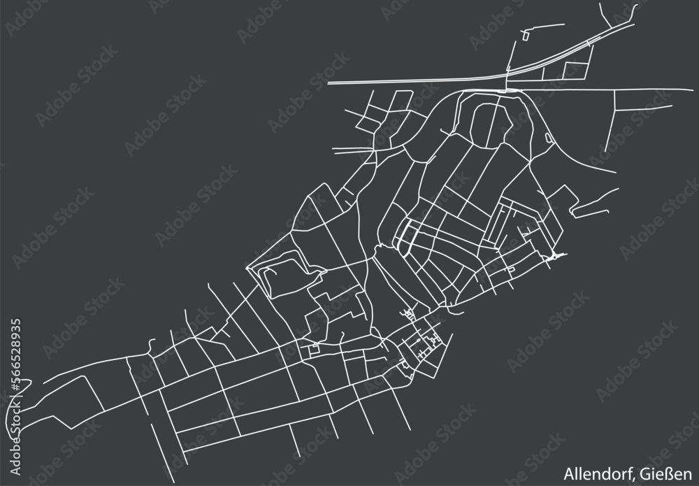 Detailed negative navigation white lines urban street roads map of the ALLENDORF DISTRICT of the German town of GIESSEN, Germany on dark gray background