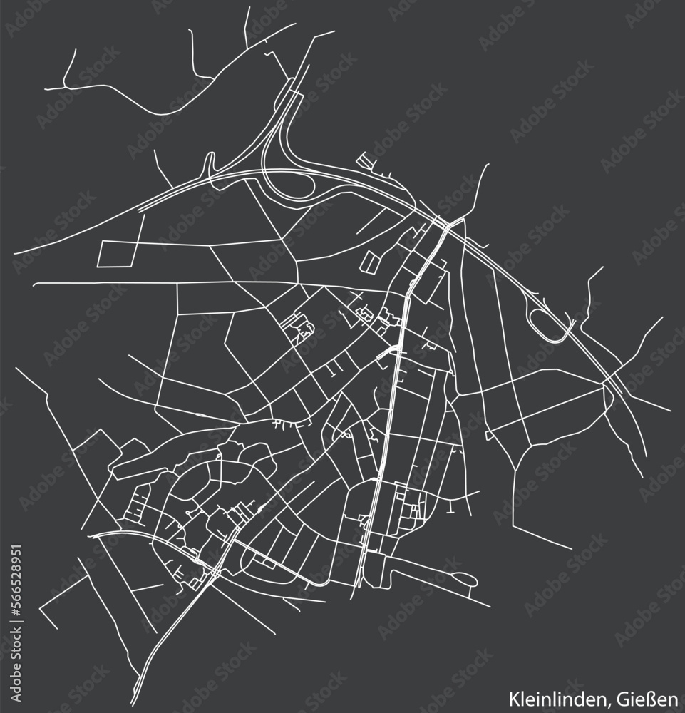 Detailed negative navigation white lines urban street roads map of the KLEINLINDEN DISTRICT of the German town of GIESSEN, Germany on dark gray background