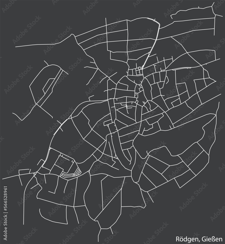 Detailed negative navigation white lines urban street roads map of the RÖDGEN DISTRICT of the German town of GIESSEN, Germany on dark gray background