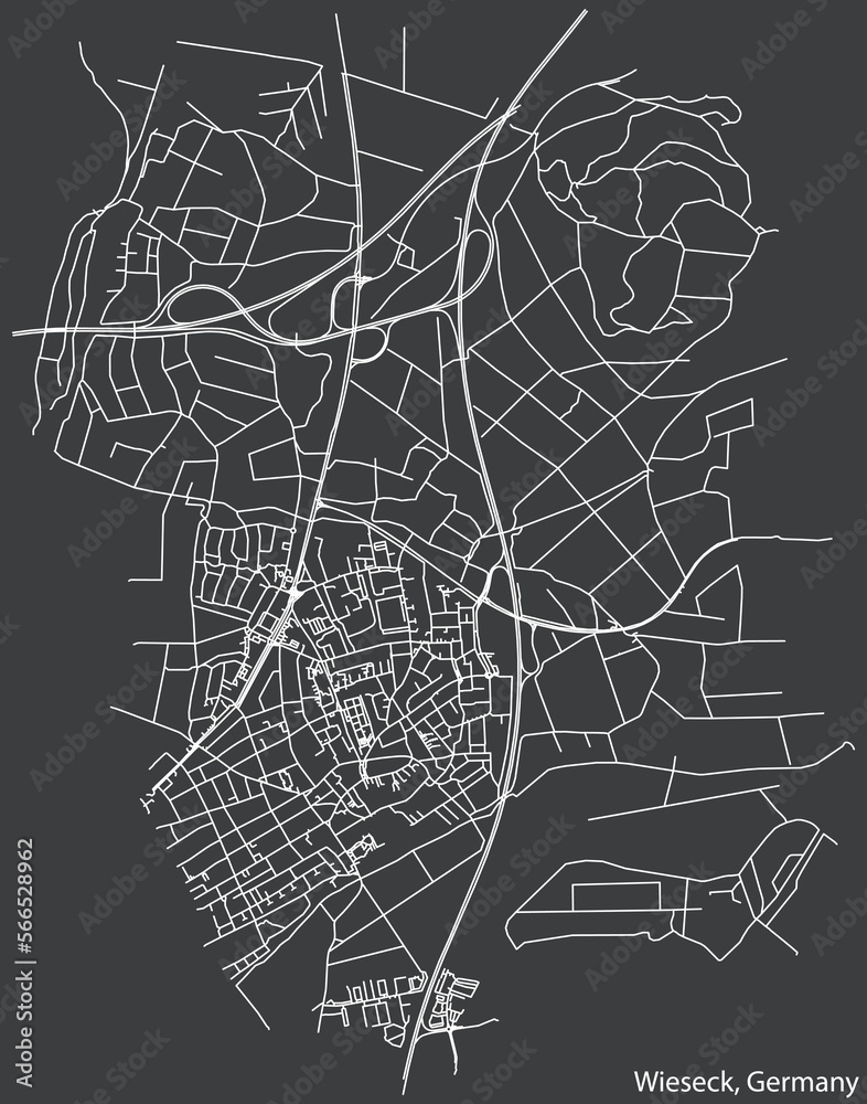 Detailed negative navigation white lines urban street roads map of the WIESECK DISTRICT of the German town of GIESSEN, Germany on dark gray background