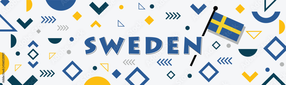Sweden national day banner with geometric retro icons and Swedish flag map color scheme. Landmarks like Riddarholmen church, city hall Stockholm in background. 6 June celebration. Blue Yellow. Vector
Sweden national day banner with geometric retro icons and Swedish flag map color scheme. Landmarks like Riddarholmen church, city hall Stockholm in background. 6 June celebration. Blue Yellow. Vector