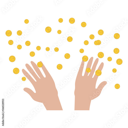 Hands tossing a handful of coins. Dollar, euro, bitcoin coins. financial abundance