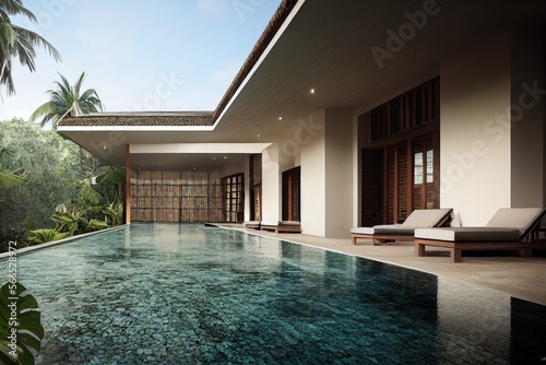 Luxury with tropical Jungle villa resort luxurious swimming pool. Generative AI illustration © Interior Stock Photo