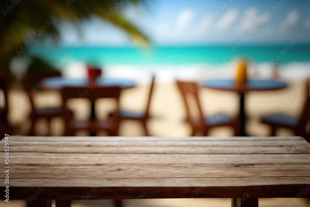 Wooden table top in a beach bar, beach travel resort. Generative AI illustration.