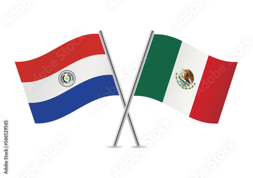 Paraguay and Mexico crossed flags. Paraguayan and Mexican flags, isolated on white background. Vector icon set. Vector illustration.