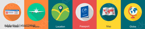 A set of 6 travel icons as plane ticket, plane, location
