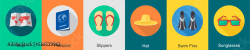 A set of 6 travel icons as map, passport, slippers