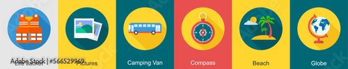 A set of 6 travel icons as life jacket, pictures, camping van 