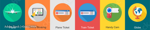 A set of 6 travel icons as plane, online booking, plane ticket